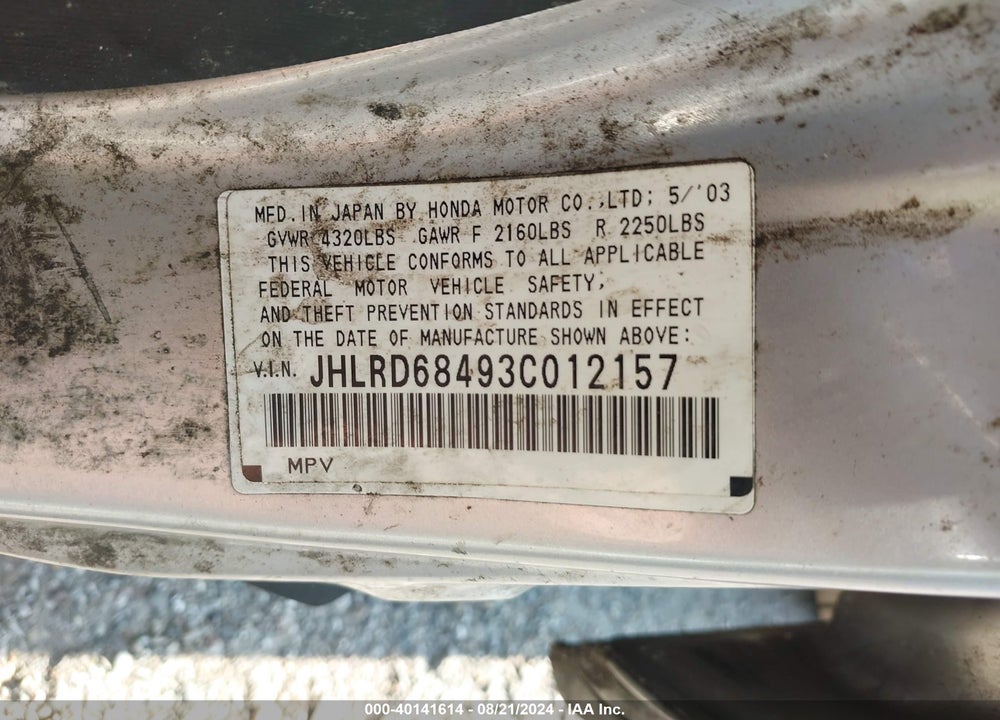 2003 HONDA CR-V LX VIN: JHLRD68493C012157