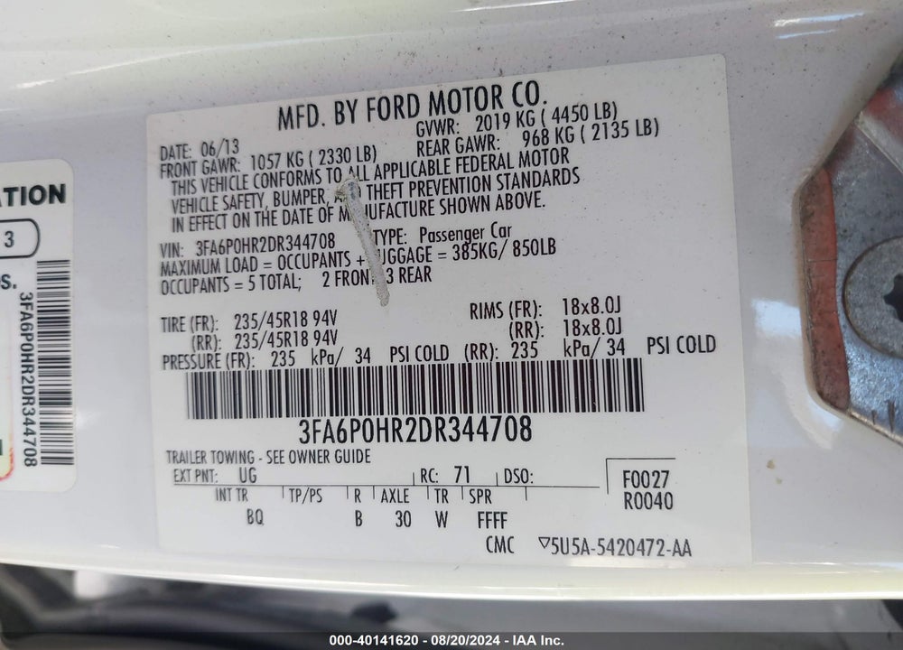 2013 FORD FUSION SE VIN: 3FA6P0HR2DR344708