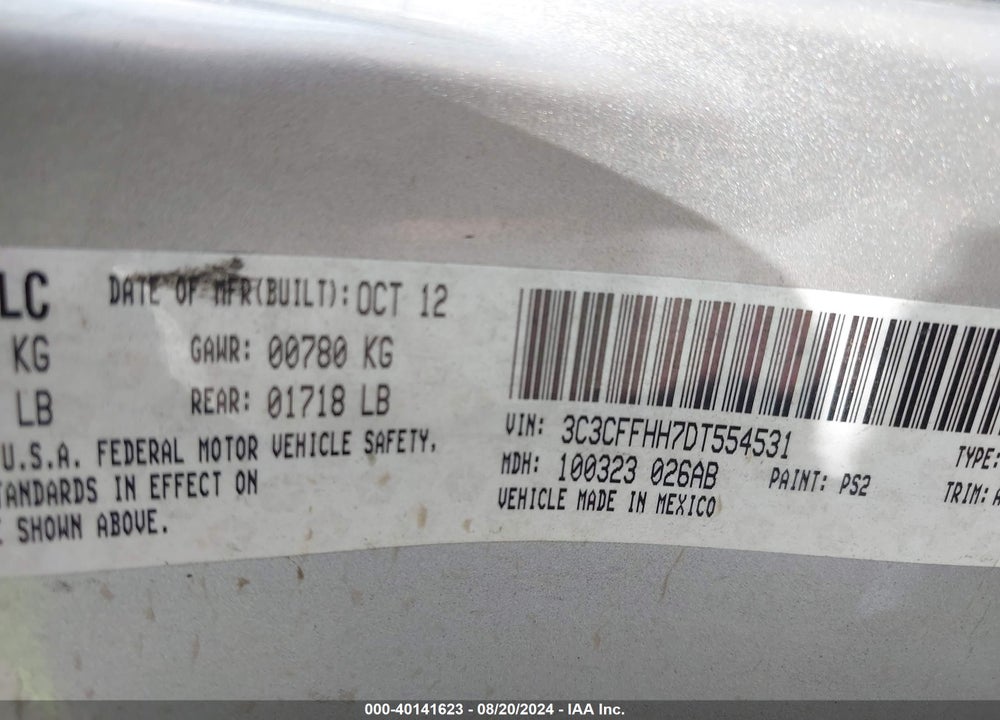 2013 FIAT 500 TURBO VIN: 3C3CFFHH7DT554531