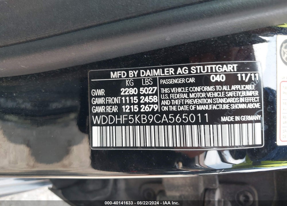 2012 MERCEDES-BENZ E 350 VIN: WDDHF5KB9CA565011