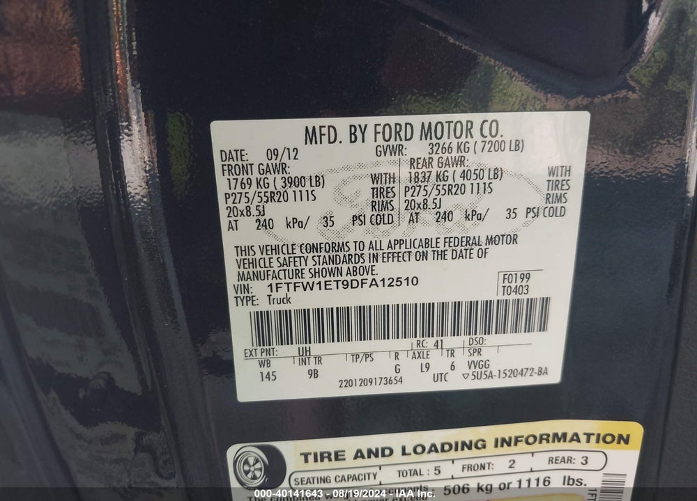 2013 FORD F-150 PLATINUM VIN: 1FTFW1ET9DFA12510