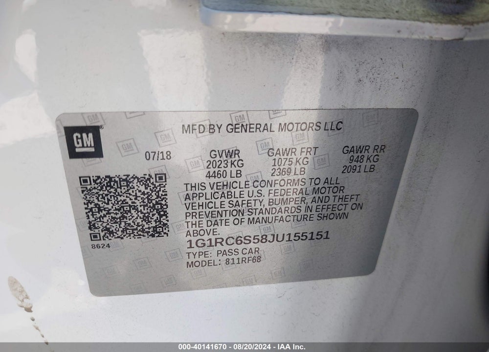 2018 CHEVROLET VOLT LT VIN: 1G1RC6S58JU155151
