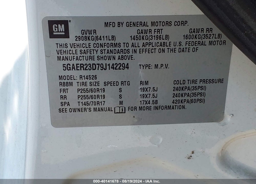 2009 BUICK ENCLAVE CXL VIN: 5GAER23D79J142294