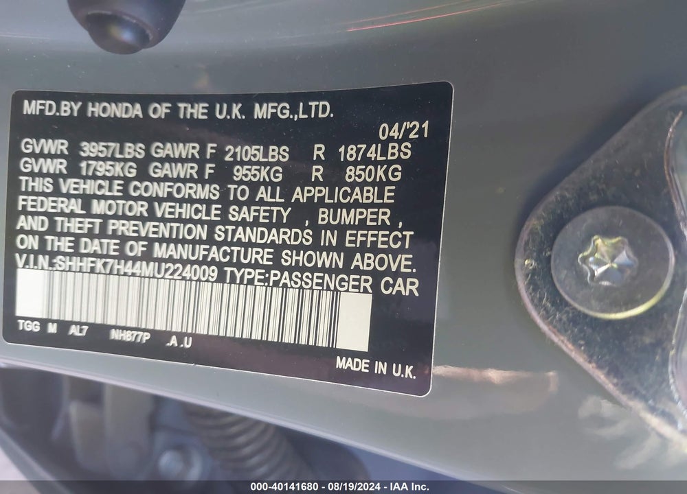 2021 HONDA CIVIC SPORT VIN: SHHFK7H44MU224009