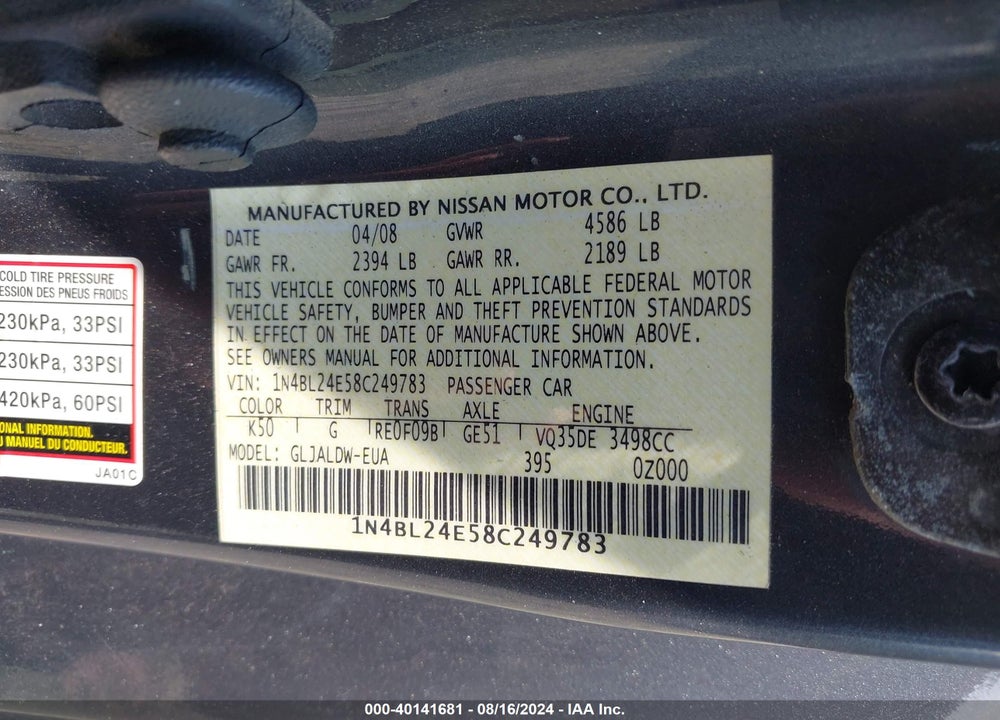 2008 NISSAN ALTIMA 3.5 SE VIN: 1N4BL24E58C249783