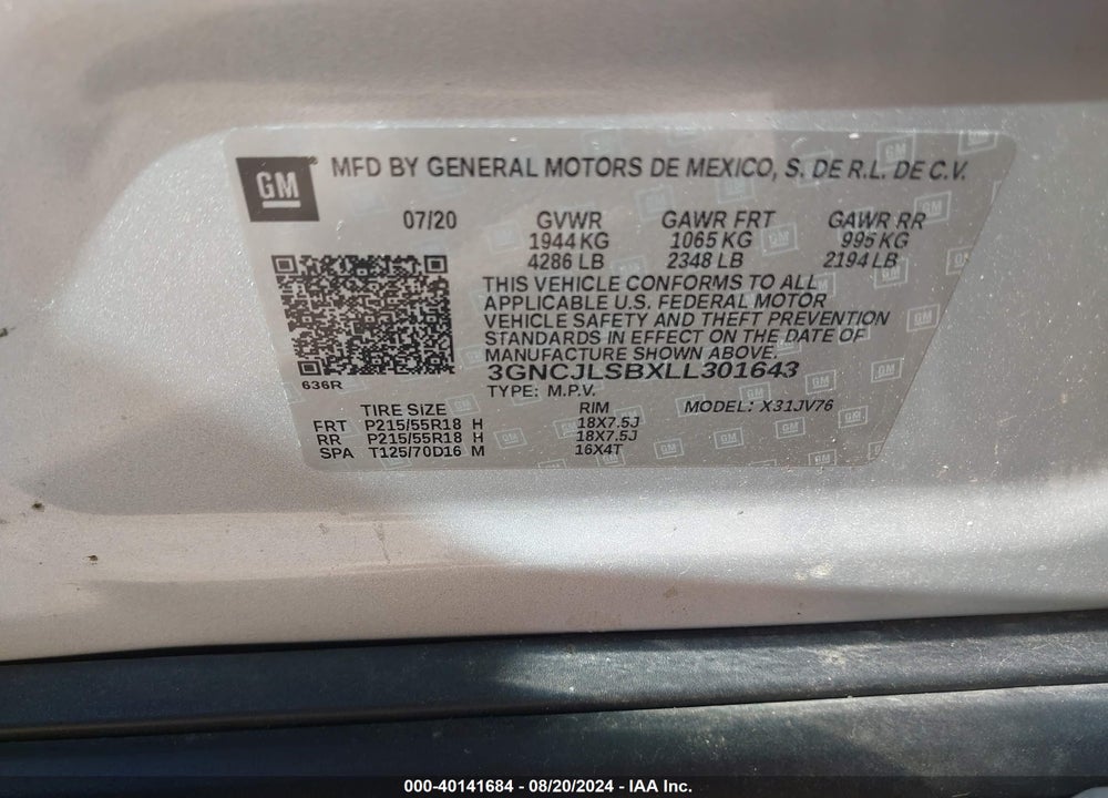 2020 CHEVROLET TRAX FWD LT VIN: 3GNCJLSBXLL301643