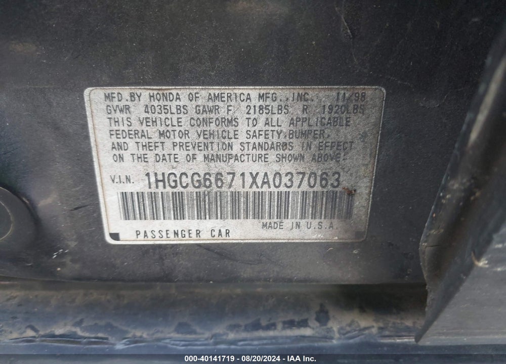 1999 HONDA ACCORD EX VIN: 1HGCG6671XA037063