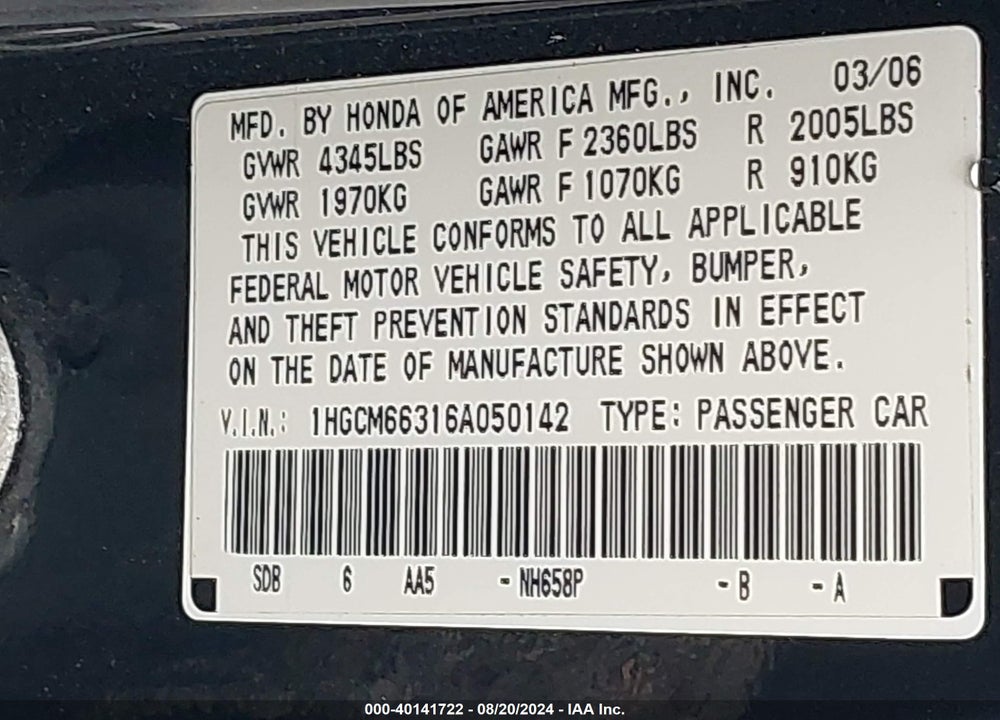 2006 HONDA ACCORD 3.0 LX VIN: 1HGCM66316A050142