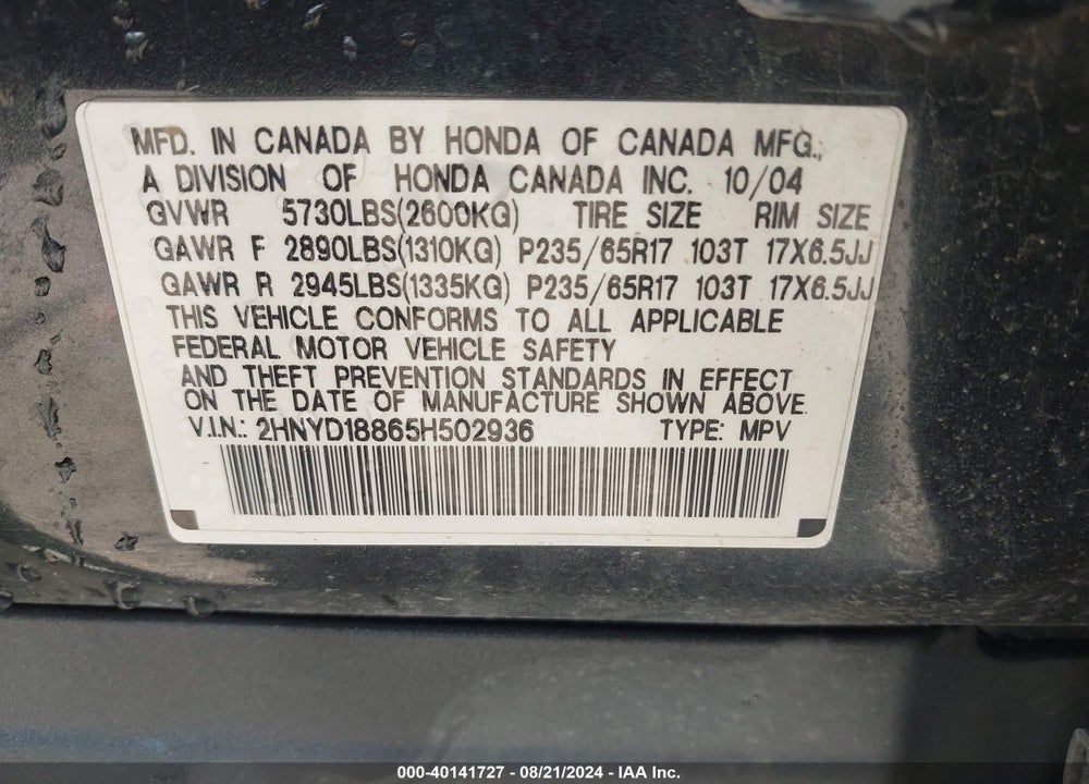 2005 ACURA MDX VIN: 2HNYD18865H502936