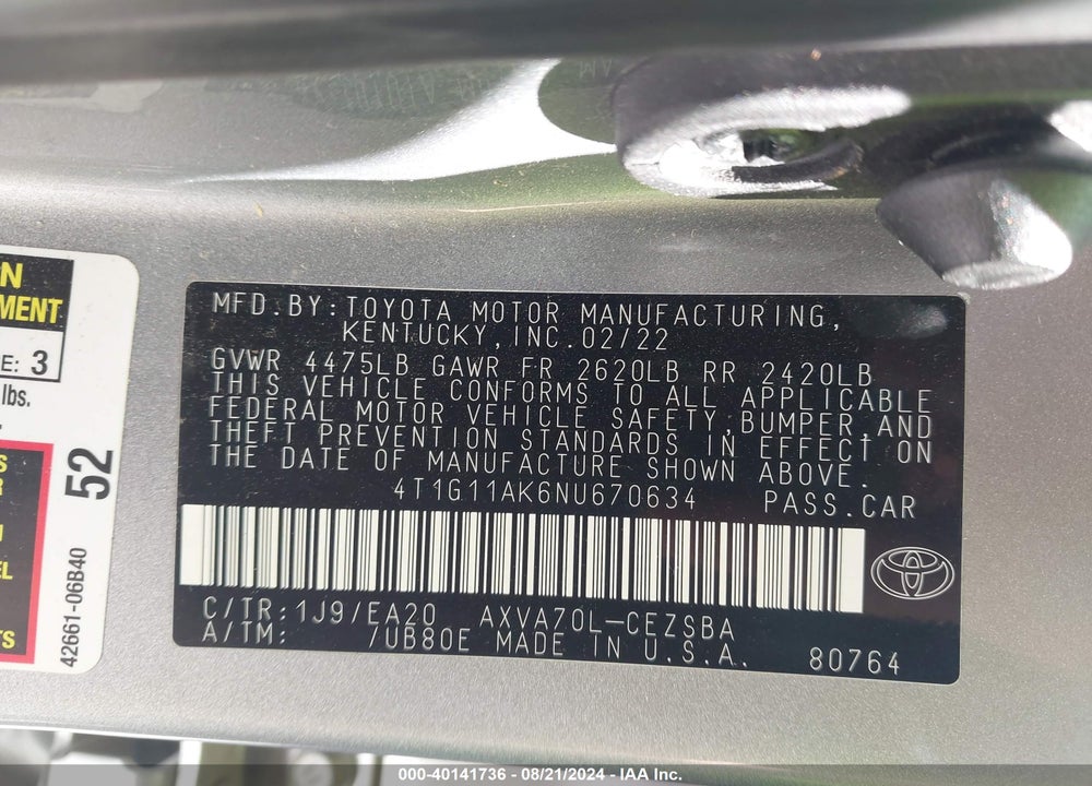 2022 TOYOTA CAMRY SE VIN: 4T1G11AK6NU670634