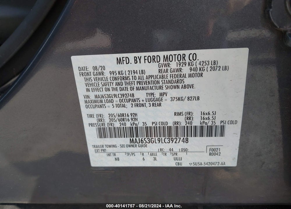 2020 FORD ECOSPORT SE VIN: MAJ6S3GL9LC392748