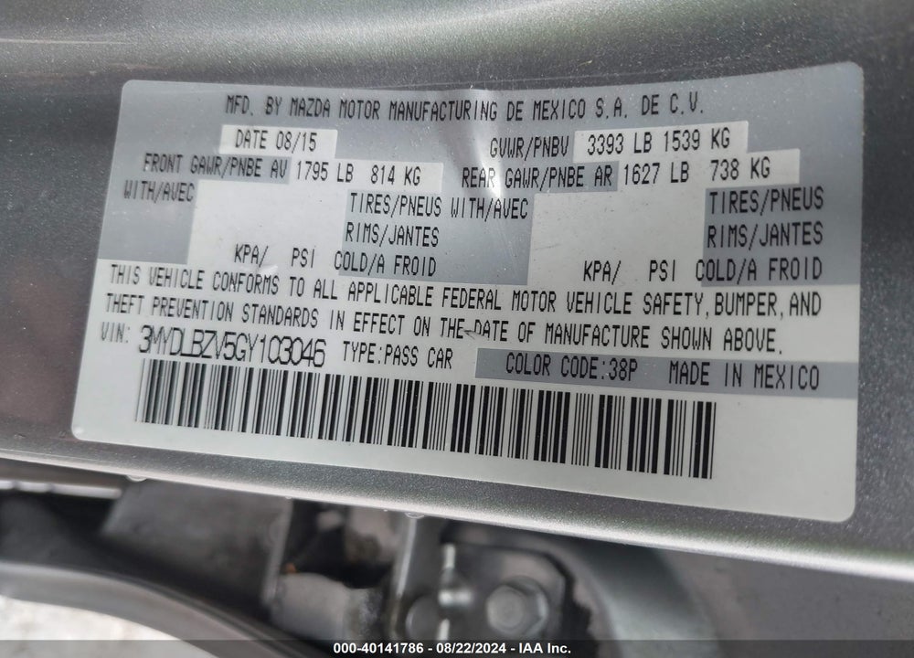 2016 SCION IA VIN: 3MYDLBZV5GY103046