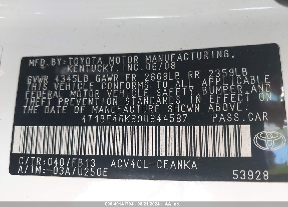 2009 TOYOTA CAMRY VIN: 4T1BE46K89U844587