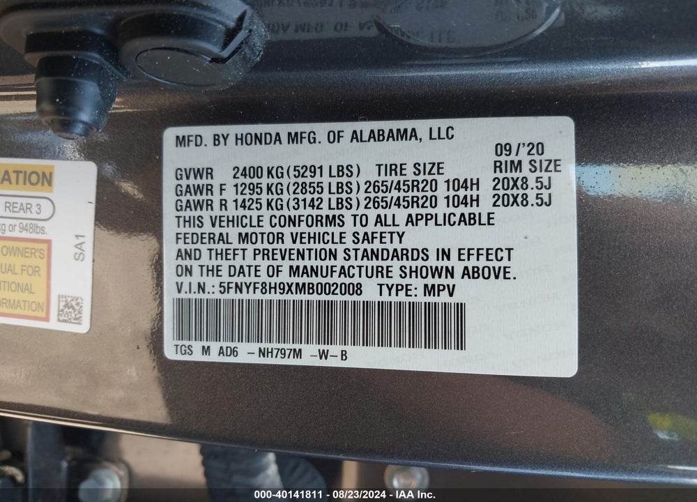 2021 HONDA PASSPORT AWD TOURING VIN: 5FNYF8H9XMB002008