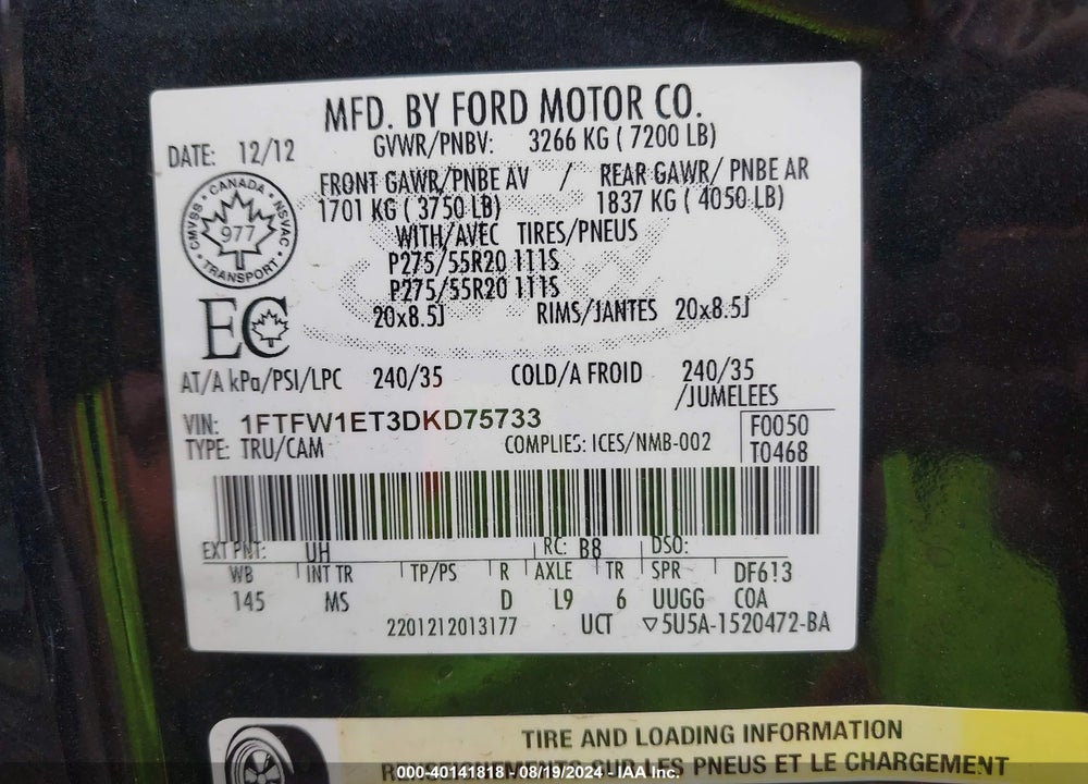 2013 FORD F-150 XLT VIN: 1FTFW1ET3DKD75733