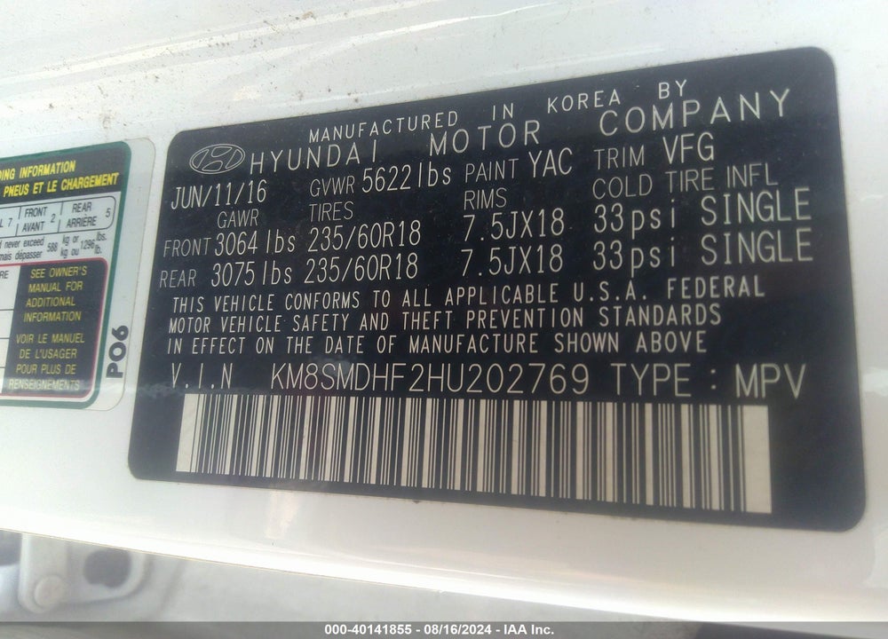 2017 HYUNDAI SANTA FE VIN: KM8SMDHF2HU202769