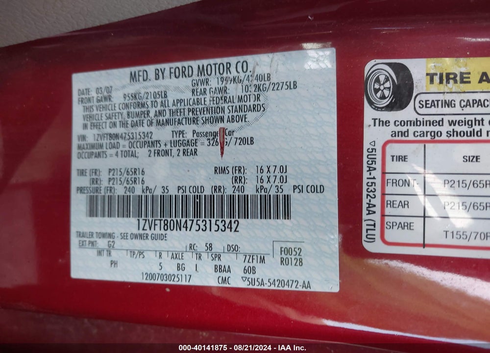 2007 FORD MUSTANG V6 DELUXE/V6 PREMIUM VIN: 1ZVFT80N475315342