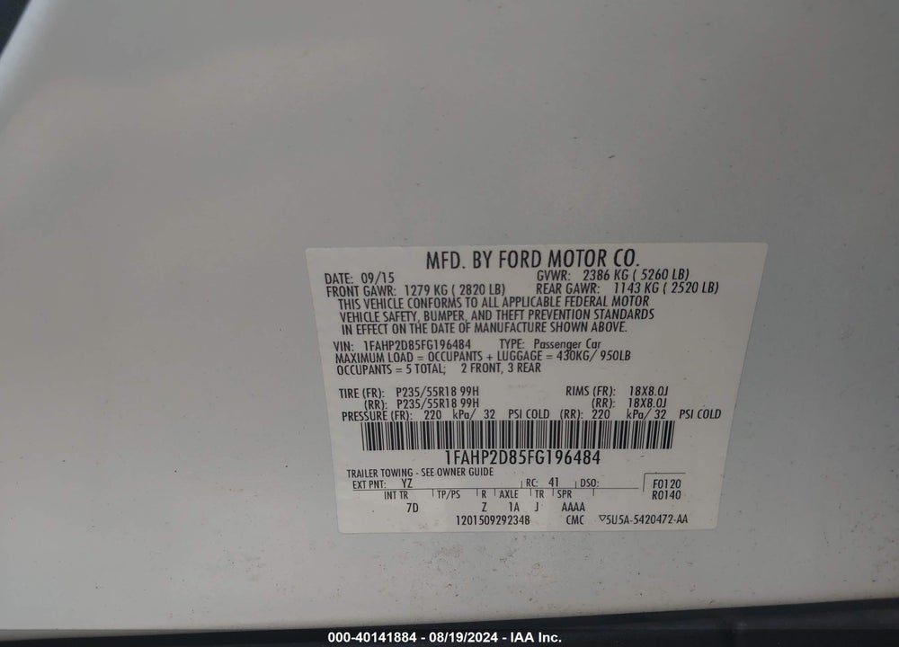 2015 FORD TAURUS SE VIN: 1FAHP2D85FG196484