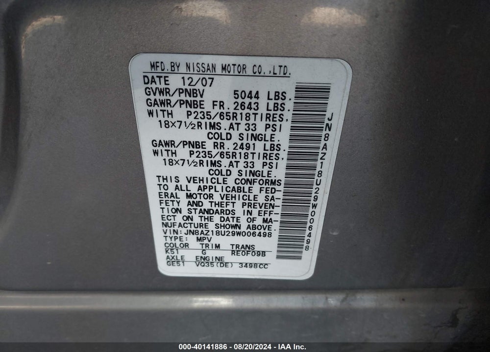 2009 NISSAN MURANO SL VIN: JN8AZ18U29W006498