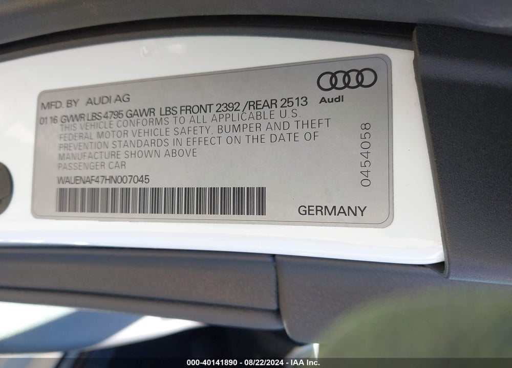 2017 AUDI A4 2.0T PREMIUM VIN: WAUENAF47HN007045