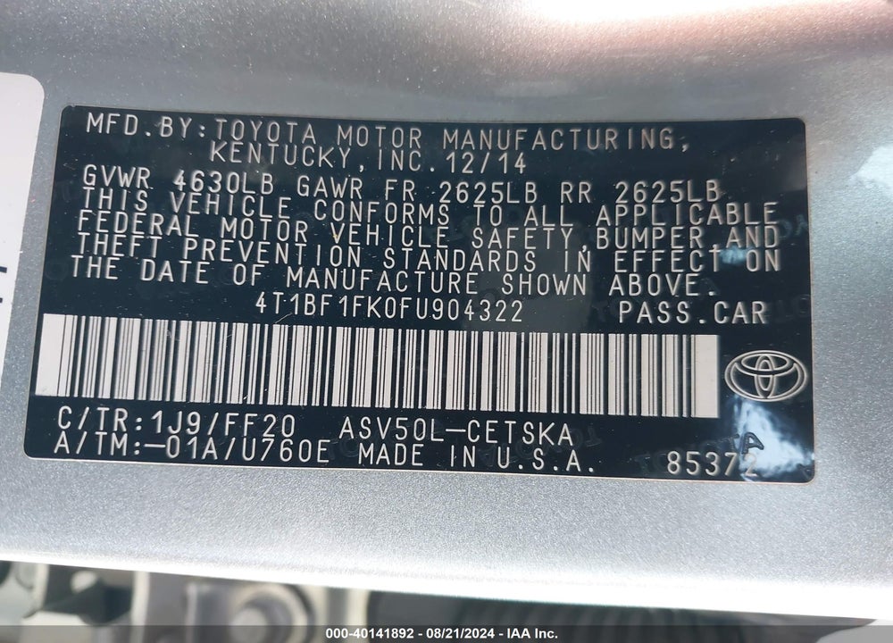2015 TOYOTA CAMRY SE VIN: 4T1BF1FK0FU904322