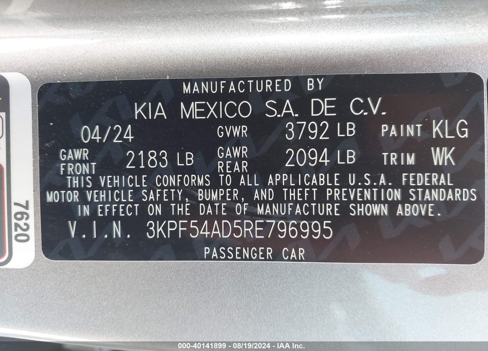 2024 KIA FORTE GT LINE VIN: 3KPF54AD5RE796995