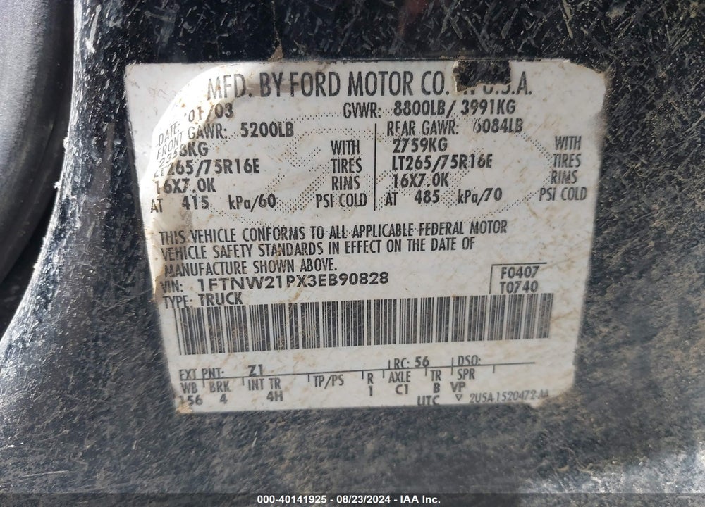 2003 FORD F-250 LARIAT/XL/XLT VIN: 1FTNW21PX3EB90828
