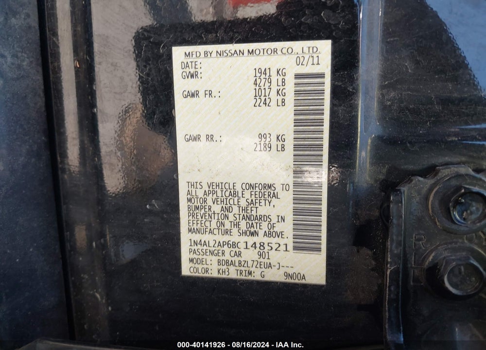 2011 NISSAN ALTIMA 2.5 S VIN: 1N4AL2AP6BC148521