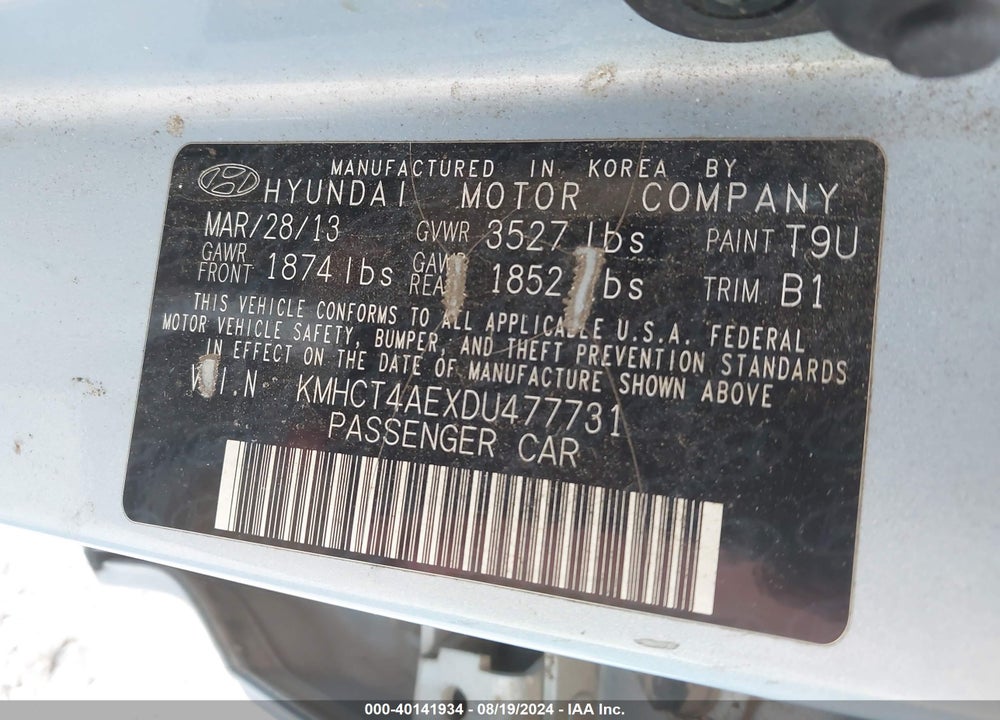 2013 HYUNDAI ACCENT GLS VIN: KMHCT4AEXDU477731