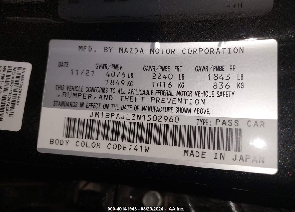 2022 MAZDA 3 2.5 S VIN: JM1BPAJL3N1502960