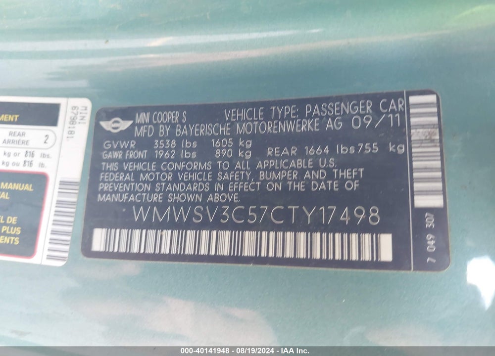 2012 MINI COOPER S VIN: WMWSV3C57CTY17498
