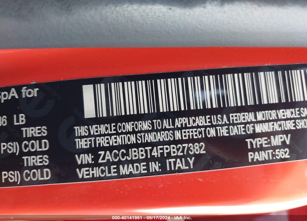 2015 JEEP RENEGADE LATITUDE VIN: ZACCJBBT4FPB27382