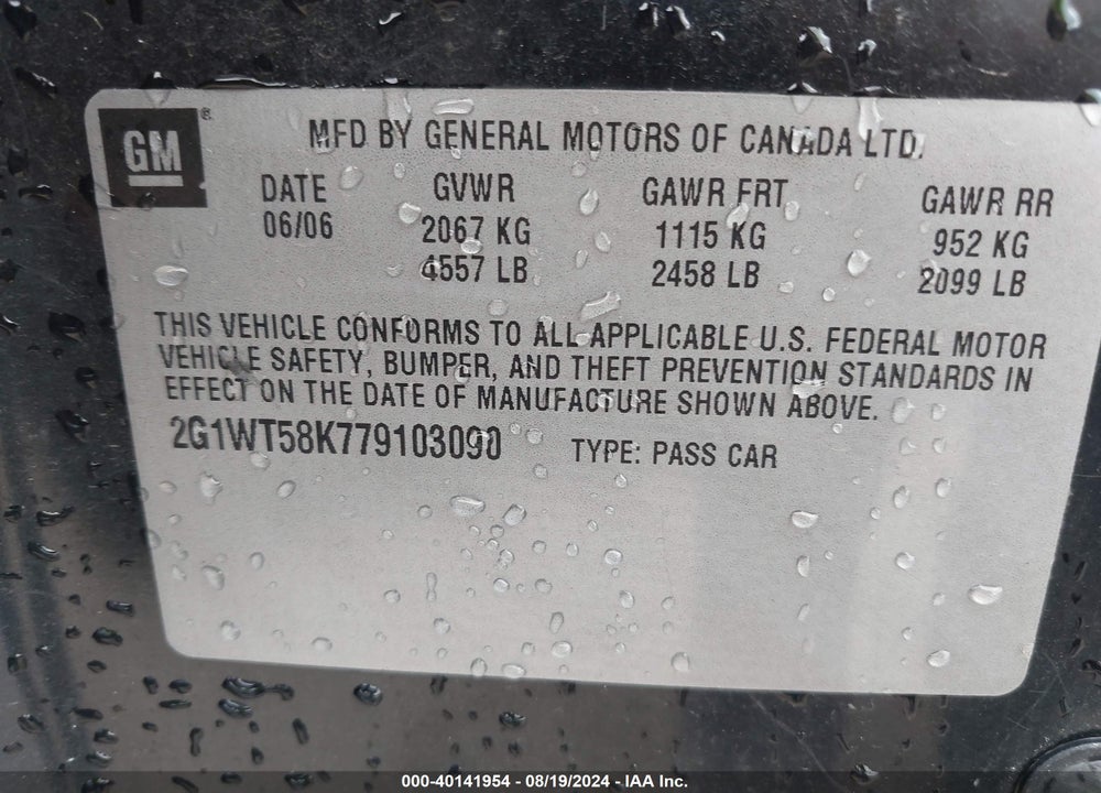 2007 CHEVROLET IMPALA LT VIN: 2G1WT58K779103090