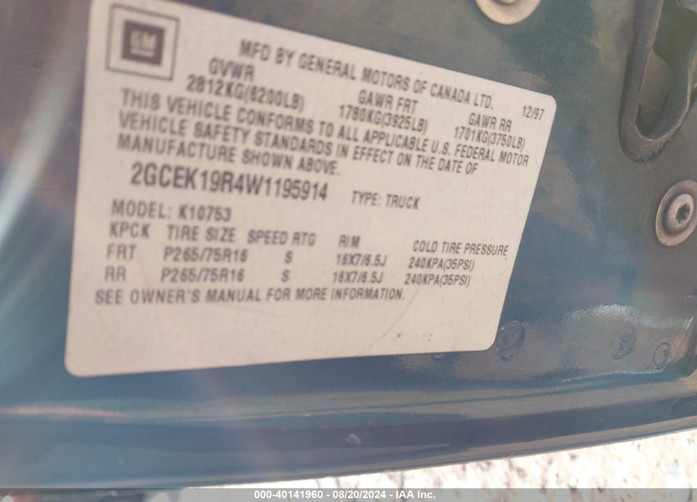 1998 CHEVROLET K1500 FLEETSIDE VIN: 2GCEK19R4W1195914