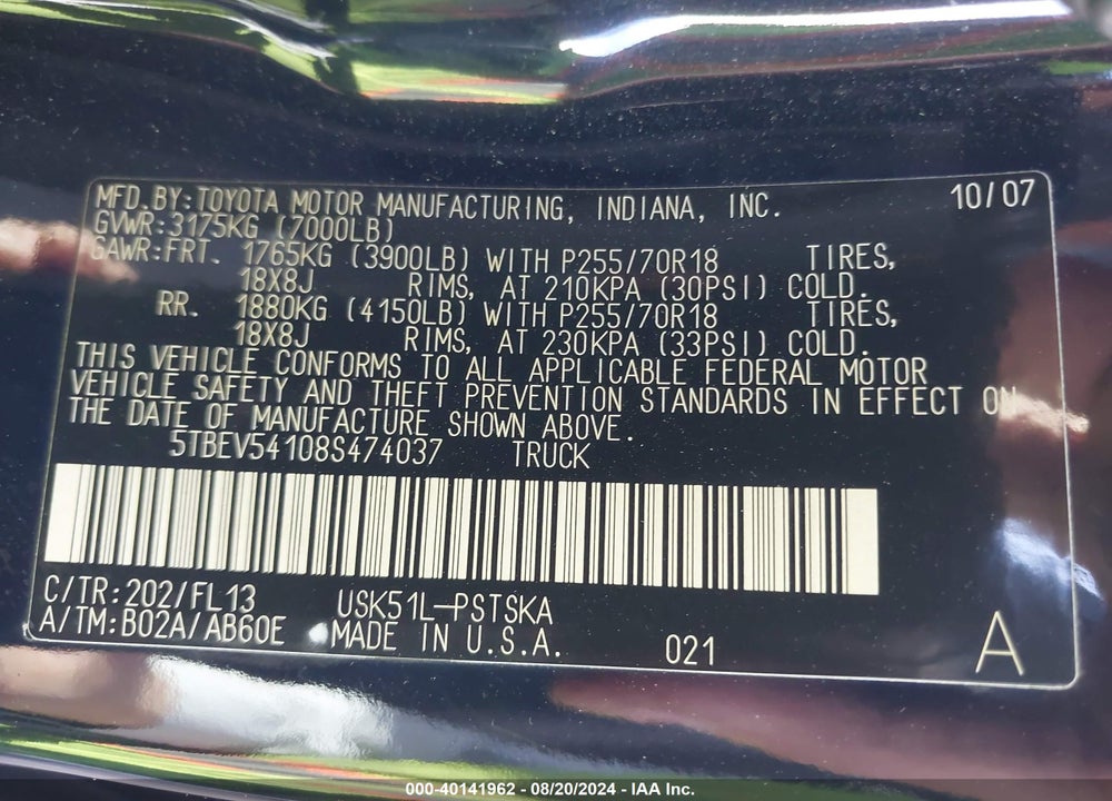 2008 TOYOTA TUNDRA SR5 5.7L V8 VIN: 5TBEV54108S474037