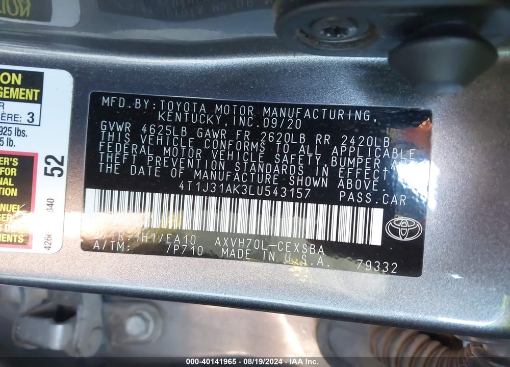 2020 TOYOTA CAMRY SE HYBRID VIN: 4T1J31AK3LU543157