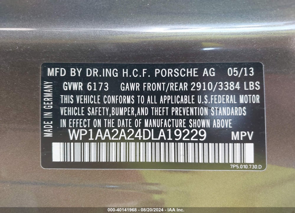 2013 PORSCHE CAYENNE VIN: WP1AA2A24DLA19229