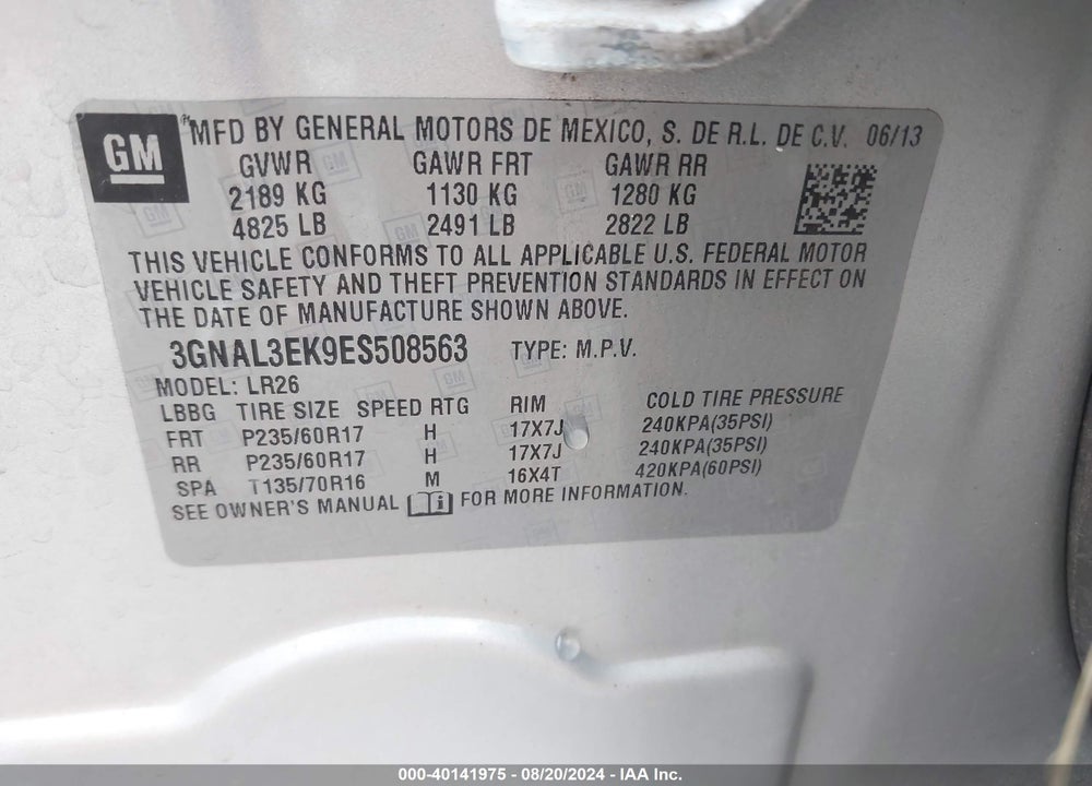 2014 CHEVROLET CAPTIVA SPORT LT VIN: 3GNAL3EK9ES508563
