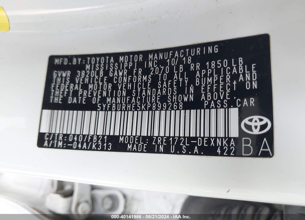 2019 TOYOTA COROLLA LE VIN: 5YFBURHE5KP899268