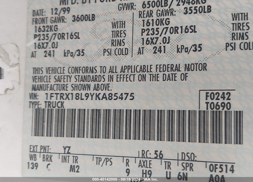 2000 FORD F-150 LARIAT/WORK SERIES/XL/XLT VIN: 1FTRX18L9YKA85475