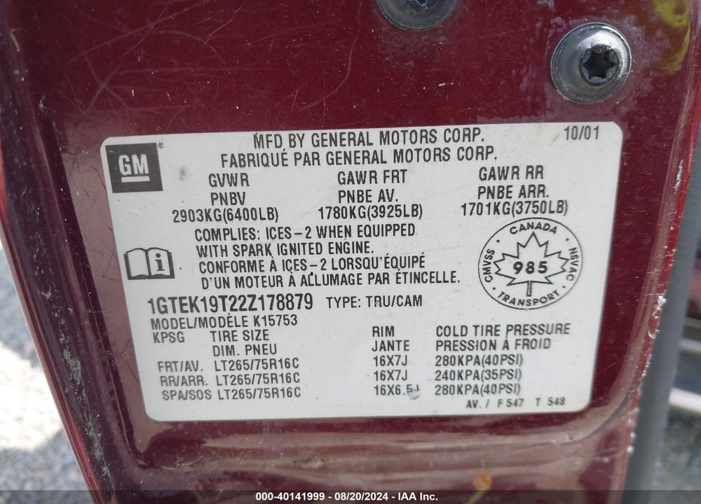 2002 GMC NEW SIERRA K1500 VIN: 1GTEK19T22Z178879