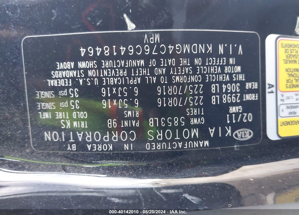 2012 KIA SEDONA LX VIN: KNDMG4C76C6418464