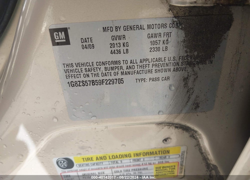 2009 SATURN AURA XE VIN: 1G8ZS57B59F229705