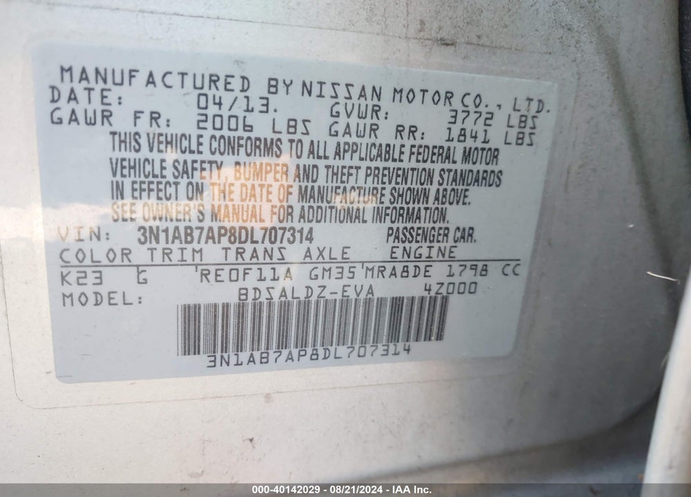 2013 NISSAN SENTRA SV VIN: 3N1AB7AP8DL707314