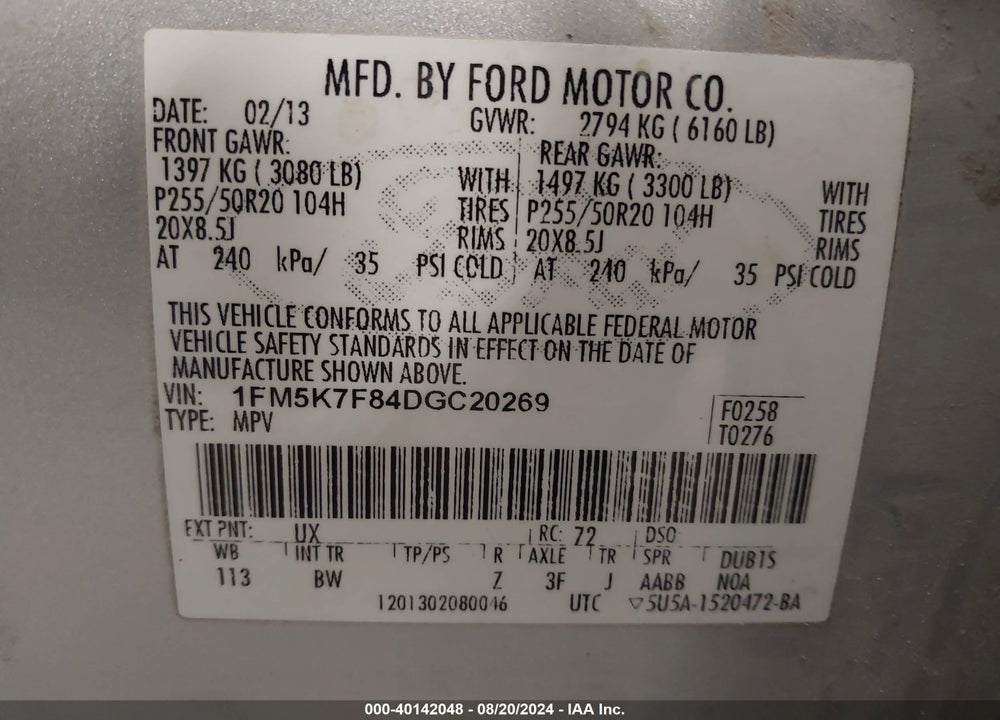2013 FORD EXPLORER LIMITED VIN: 1FM5K7F84DGC20269
