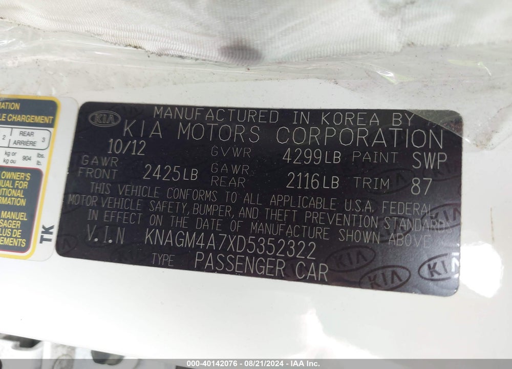 2013 KIA OPTIMA LX VIN: KNAGM4A7XD5352322