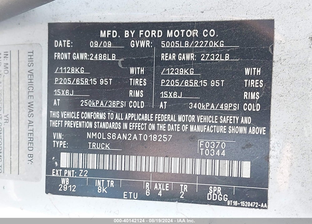 2010 FORD TRANSIT CONNECT XL VIN: NM0LS6AN2AT018257