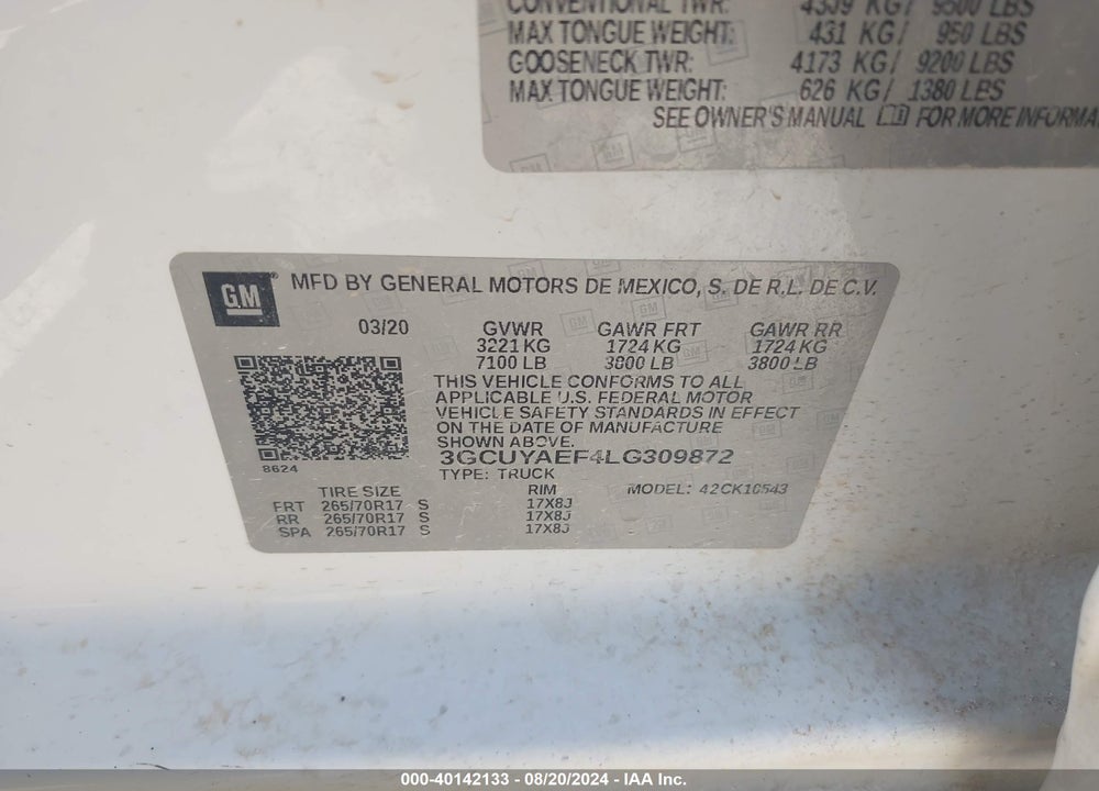 2020 CHEVROLET SILVERADO 1500 4WD SHORT BED WT VIN: 3GCUYAEF4LG309872