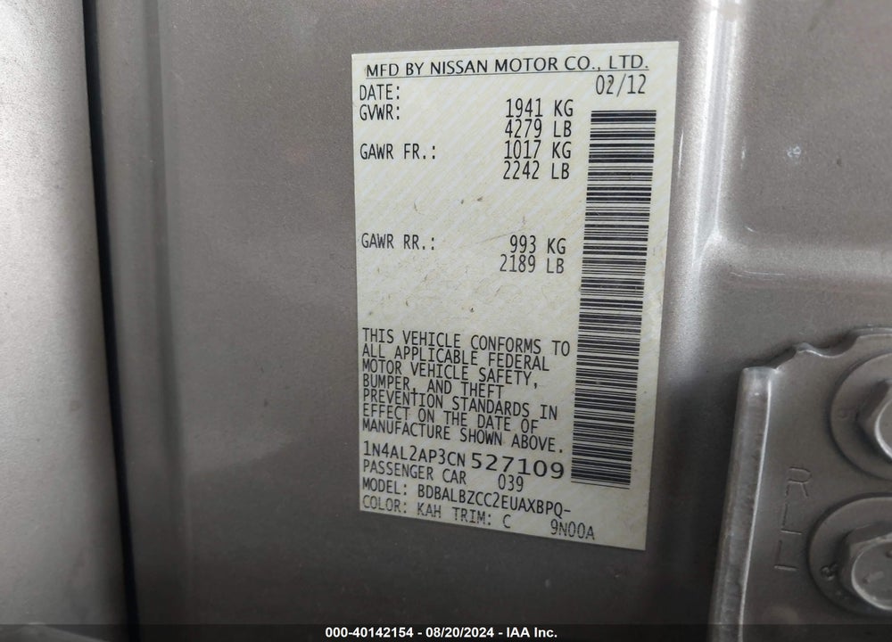 2012 NISSAN ALTIMA 2.5 S VIN: 1N4AL2AP3CN527109