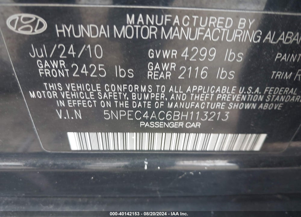 2011 HYUNDAI SONATA LIMITED VIN: 5NPEC4AC6BH113213